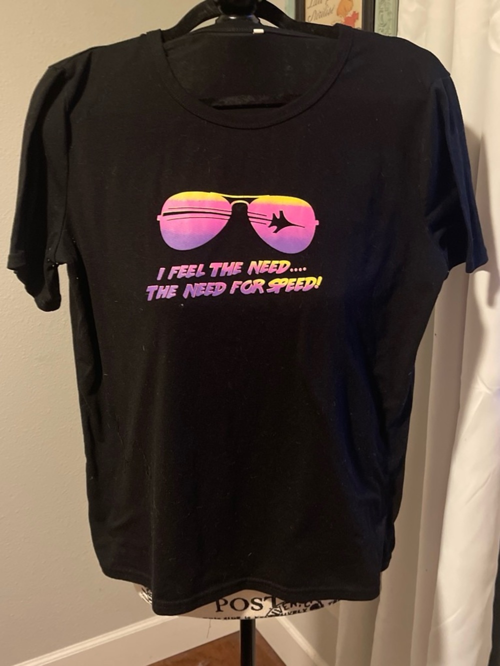 Top Gun Black Graphic Tee with Neon Sunglasses and Jet Motif